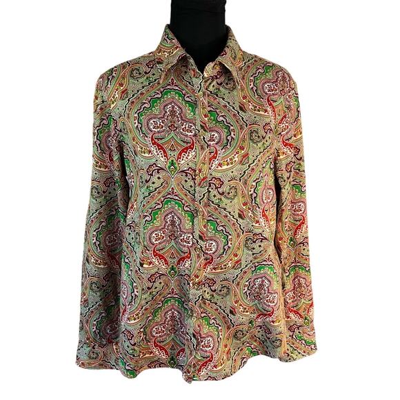Talbots Mutli-Colored Ornate Paisley Print Button Front Blouse, Size 14 - Picture 1 of 7